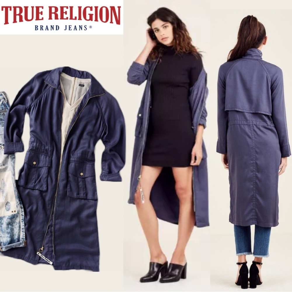 NEW True Religion Navy Duster Silky Long Jacket Trench Coat Overcoat Streetwear
